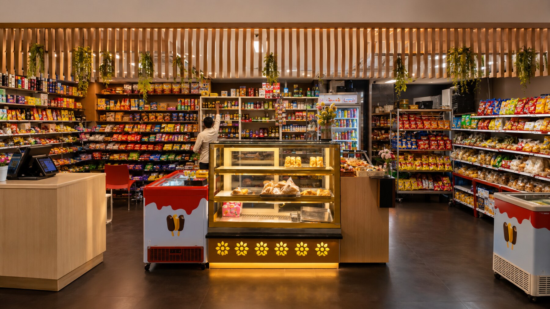 Fresco Mart checkout counter with a POS terminal, stocked shelves and warm signage