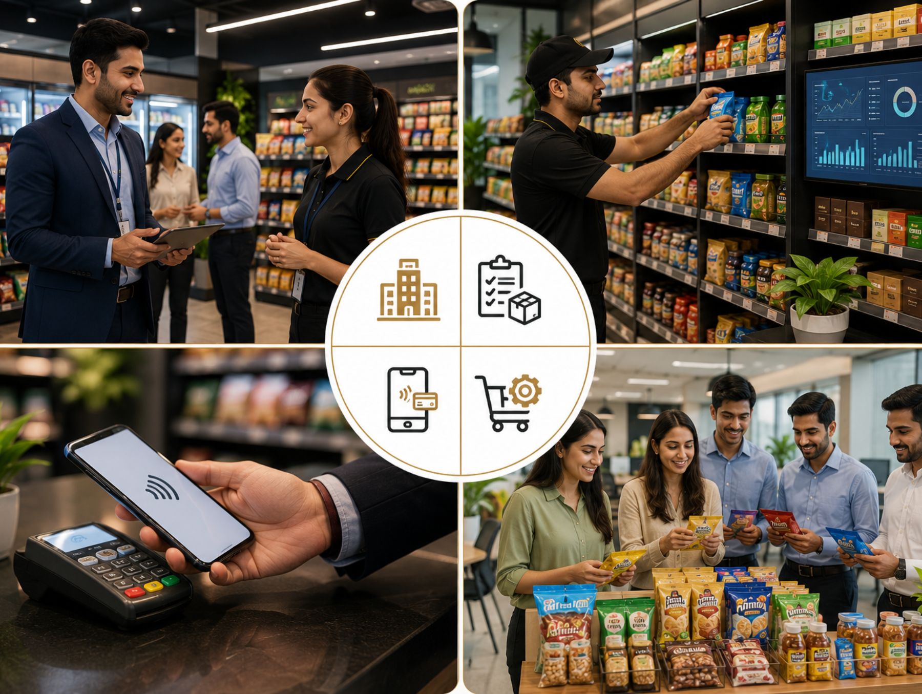 Customer paying with a UPI mobile wallet at the Fresco Mart checkout counter