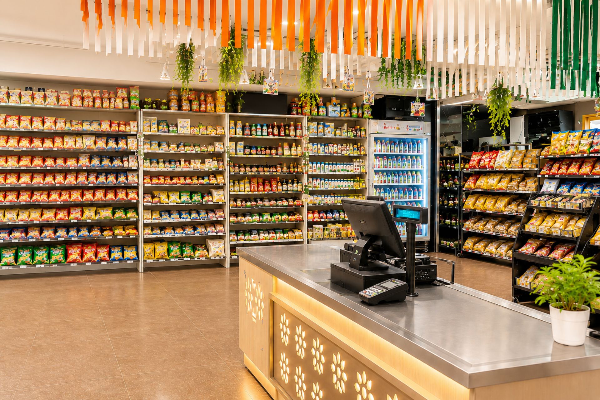Interior of a Fresco Mart convenience store showing snack aisles and a checkout counter
