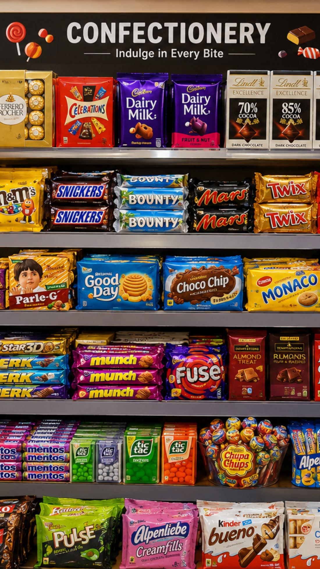 Shelves stocked with confectionery and chocolates