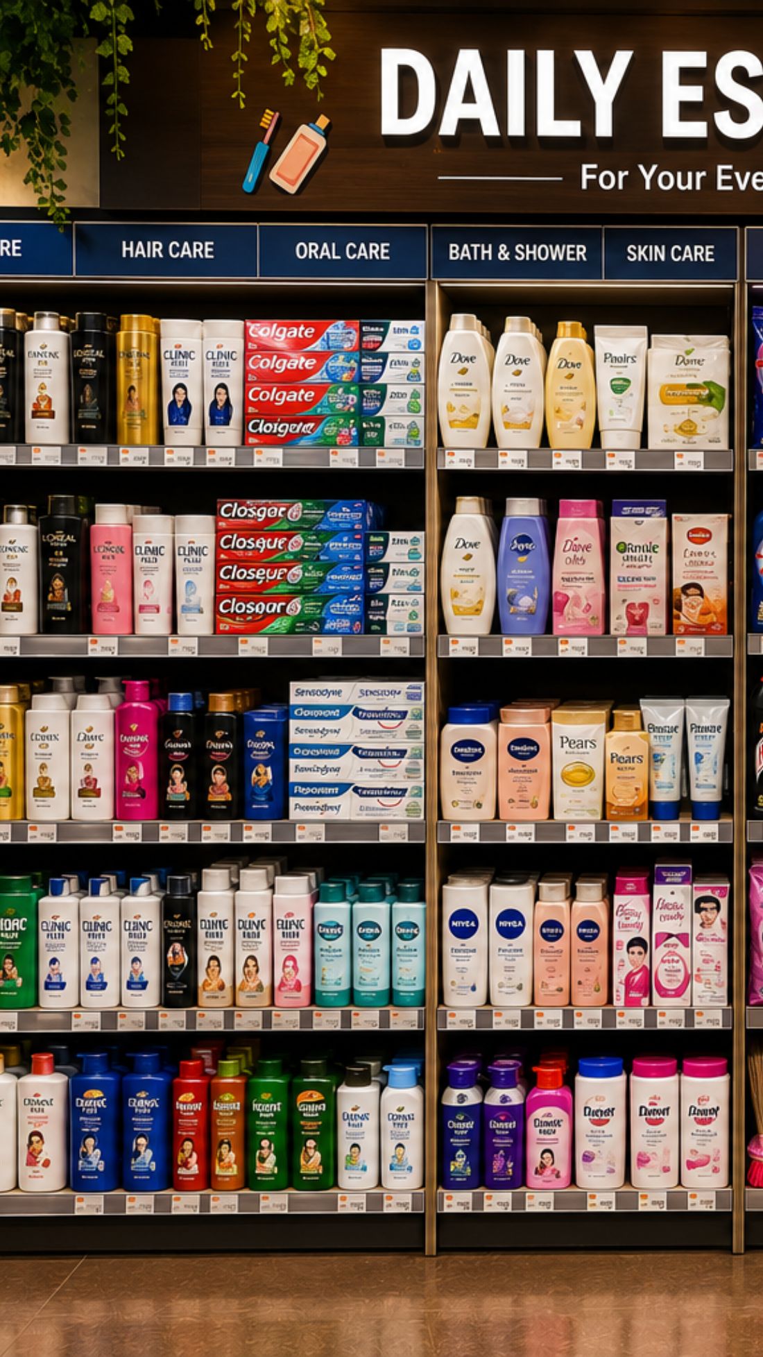 Shelves stocked with daily essentials and personal care items