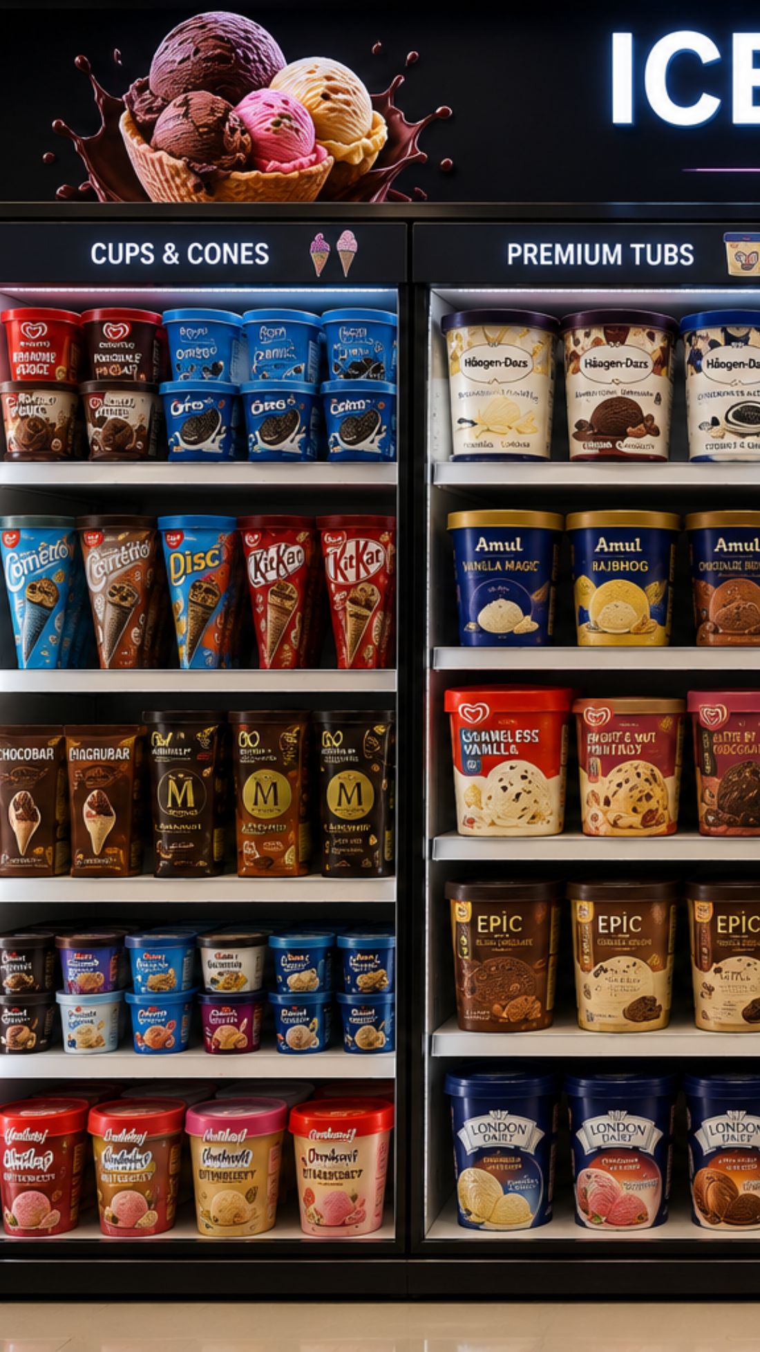 Freezer stocked with ice creams and frozen treats