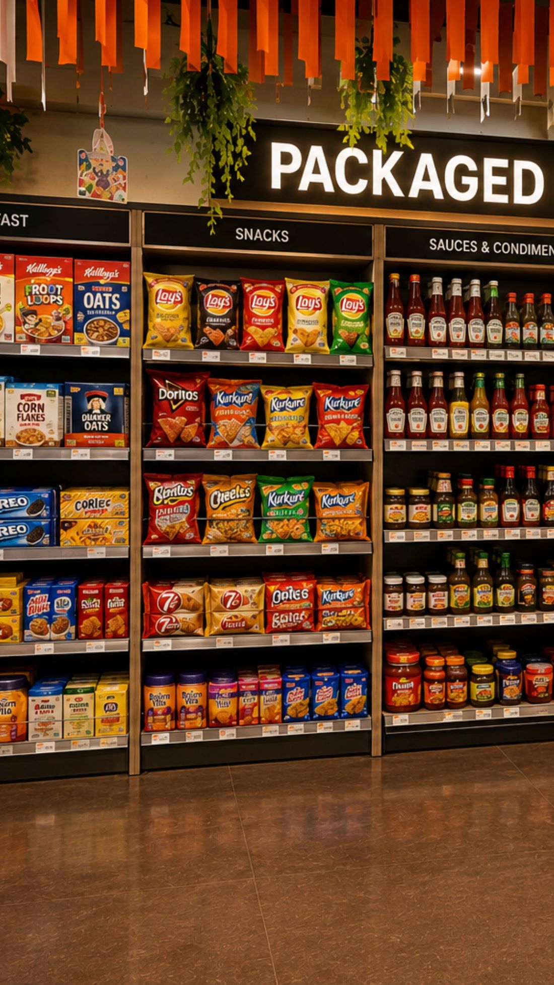 Shelves stocked with packaged foods, chips and instant meals